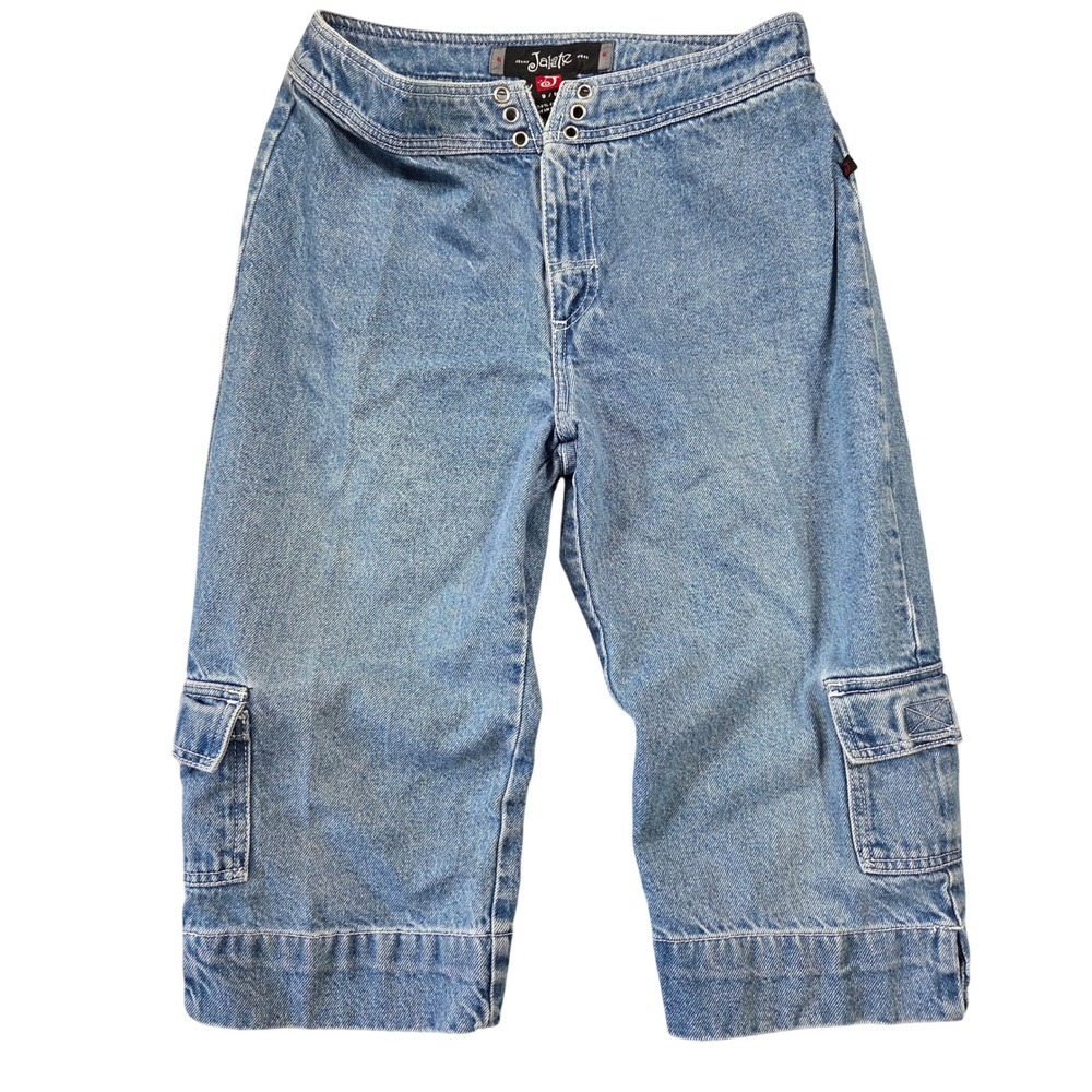 Vintage Jalate Denim Cargo Capris Womens 9/10 Blue Y2K Grommet Lace Up Wide Leg